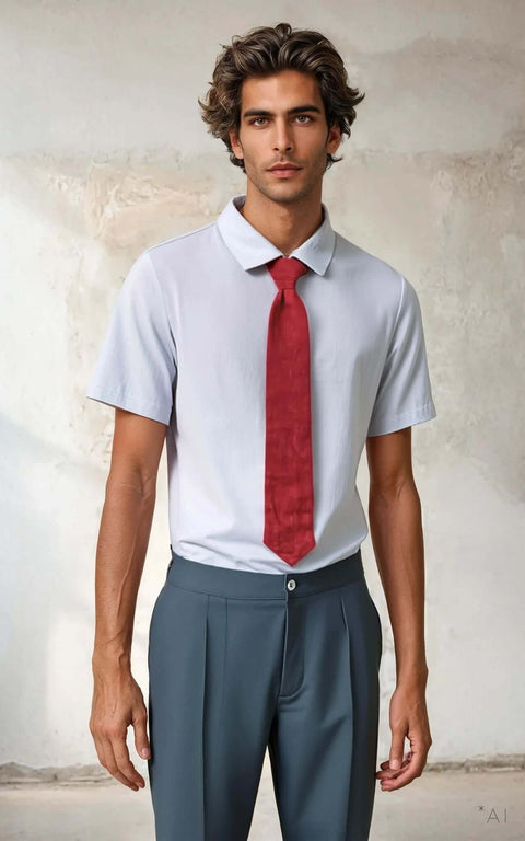 Linen Tie Shirt - Sample Piece #1 worn by a model featuring a classic business look with a red tie.