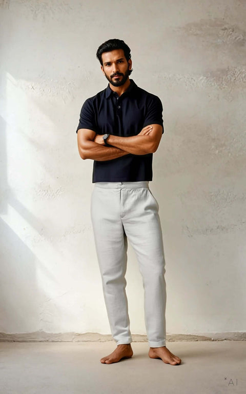 Model wearing Linen Men Trousers - Sample Piece in beige with a fitted navy polo shirt.