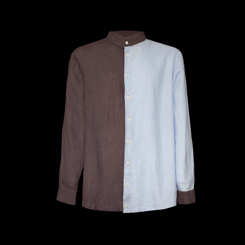 Linen Dual Shirt - Sample Piece showcasing a two-tone design in brown and light blue fabric.