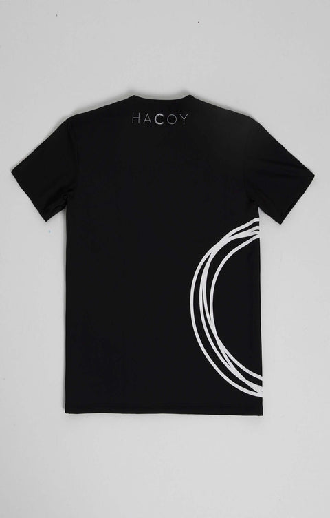 Sports Shirt in black with white design details and HACOY branding on the back, showcasing a modern athletic style.