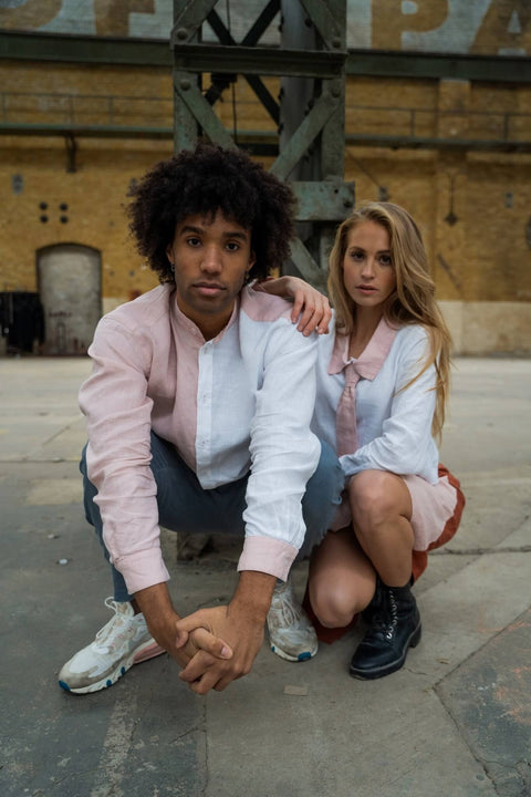 models wearing linen workwear collection made in lithuania from ethical fashion brand HACOY
