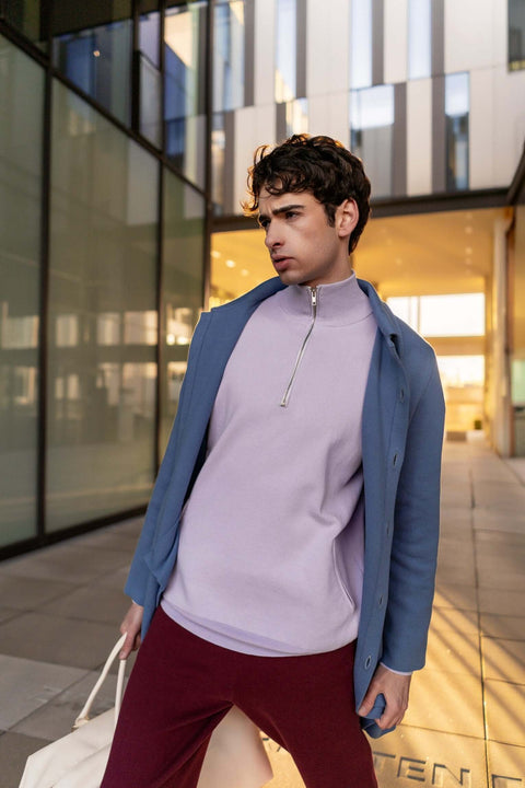 Model wearing a Light Purple Organic Cotton & Cashmere Knitwear Sweater (Pre-order) outdoors.