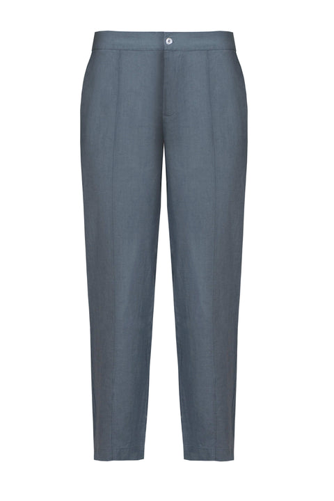 HACOY grey linen trousers, a natural fibre that softens and settles with wear.
