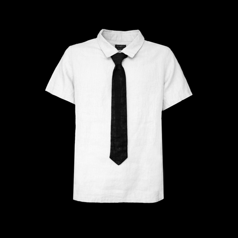 Linen Tie Shirt - Sample Piece #2, a classic white tie shirt with a black tie, showcasing a professional business look.