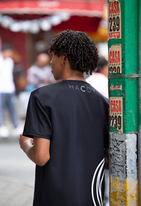 model wearing sportshirt from ethical fashion brand HACOY in medellin